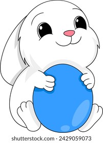 Easter doodle cartoon illustration, little white rabbit carrying eggs for Christian celebration, creative drawing 