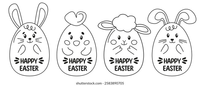 Easter doodle characters bunny, chicken, sheep. Easter eggs characters. Happy Easter greeting elements, simple cartoon style, childish funny eggs.