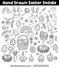 Easter Doodle Collection Featuring Bunnies, Eggs, Rainbows and More - A Vector Illustration