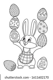 Easter doodle coloring book page. Cute bunny with easter eggs. Stock vector illustration