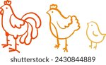 Easter doodle with colourful chicken, eggs and rooster on white background. Hand-drawn children style illustration. Vector elements for spring holiday design and greeting cards. Farm animals.