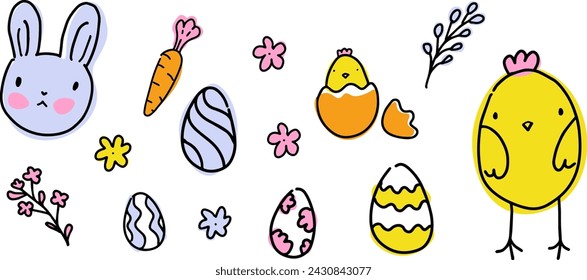 Easter doodle with cute rabbits, chickens, eggs, and flowers on white background. Hand-drawn children style illustration for spring holiday design and greeting cards.