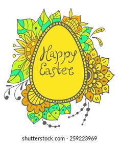 Easter doodle egg with floral ornament over white, Vector