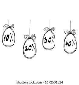 Easter Doodle eggs.Eggs hang on a string.Discounts 10%,20%,30%,40%.Easter sale.Black and white banner for the holiday of bright Easter.Vector illustration