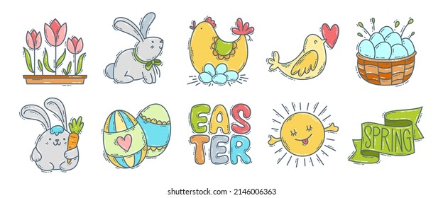Juego de iconos dibujados a mano con doodle de Pascua con un sencillo efecto de grabado. Colección de símbolos y elementos de color.