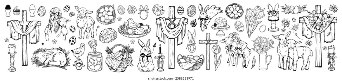 Easter doodle holiday set, table food, vector traditional hand drawn line egg, crucifix, baby lamb. Spring celebration eatery, festive cake, bunny, wood cross, tulip flower bouquet. Easter doodle icon