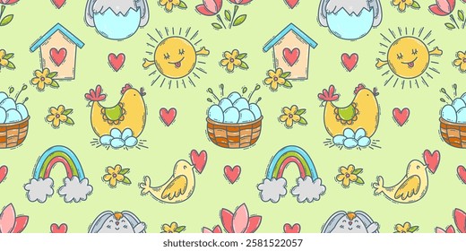 Easter doodle icons seamless pattern, hand-drawn spring hunt season theme background, cute bunny chick flower collection.