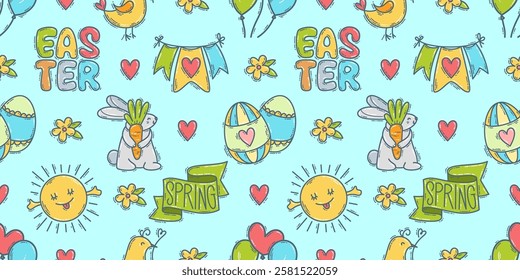 Easter doodle icons seamless pattern, hand-drawn spring hunt season theme background, cute bunny chick flower collection.