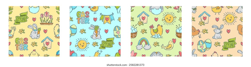 Easter doodle icons seamless pattern, hand-drawn spring hunt season theme background, cute bunny chick flower collection.