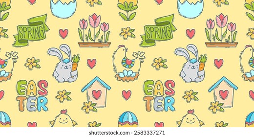 Easter doodle icons seamless pattern, hand-drawn spring hunt season theme background, cute bunny chick flower collection.