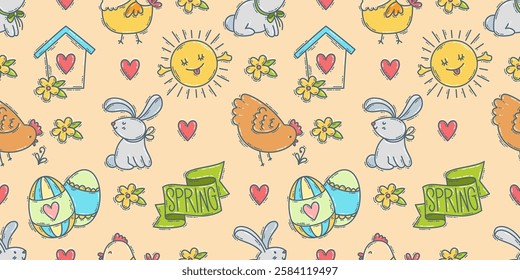 Easter doodle icons seamless pattern, hand-drawn spring hunt season theme background, cute bunny chick flower collection.