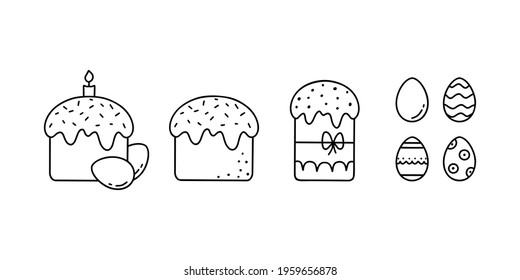 Easter doodle icons set. Different cakes with icing, sprinkles and decorated eggs. Black hand drawn illustration of traditional food. Contour isolated vector on white background
