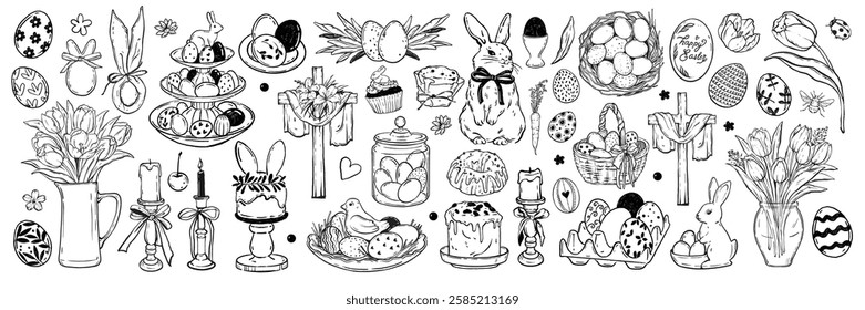 Easter doodle illustration set, holiday table food, vector traditional hand drawn line egg, tulip. Spring celebration eatery, festive cake, bunny, religious cross, flower bouquet. Easter doodle icon