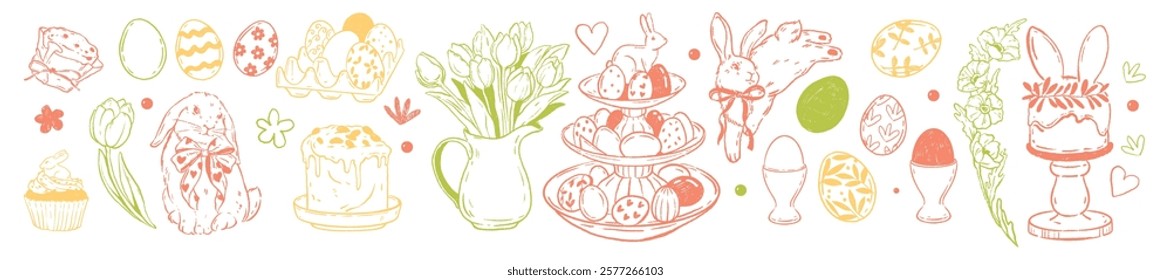 Easter doodle illustration set, vector hand drawn holiday bunny, traditional colorful egg, tulip. Spring celebration food, festive cake, ribbon bow, cute baby rabbit flower bouquet. Easter doodle icon