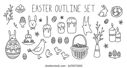 Easter doodle outline symbols set.
Rabbits, eggs, candles, willows