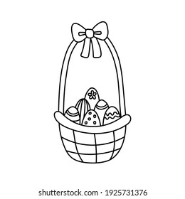 Easter doodle, painted eggs in a festive basket, linear vector illustration. hand drawn style symbols and objects, simple, black drawing for sticker, Easter Egg, decor, postcards, icons, coloring page