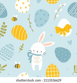 Easter doodle pattern with painted eggs , bunny and bee. Baby seamless print for fabric, textile, nursery, paper. 