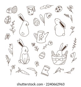 Conejos de doodle de pascua, huevos y colección de flores de primavera. Esbozo lindo conejito blanco y negro con zanahoria, busket y elementos botánicos naive conjunto de ilustración vectorial.