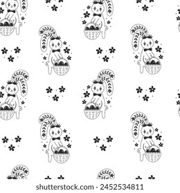 Easter doodle seamless patter with bunny eggs basket. Cute hand drawn line background with cheerful cartoon rabbit and flowers. Black and white vector illustration