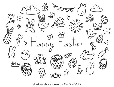 Easter doodle set, cute line illustrations, bunny, chicken, egg hunt, doodle ideas, bunny ears, easter eggs, sun, basket, rainbows, flowers, decor elements