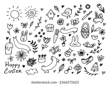 Easter doodle set flowers, animals, objects, pies isolated on a white background. Easter eggs with botanical elements. Funny Happy Easter pattern. Spring holiday. Vector Illustration.