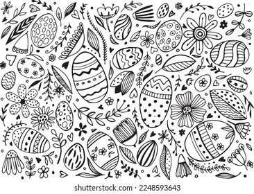 Easter doodle set flowers and eggs isolated on a white background. Easter eggs with botanical elements. Funny Happy Easter pattern. Spring holiday. Vector Illustration.