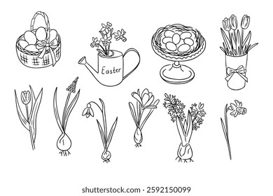 Easter doodle set with hand drawn spring flowers, Easter eggs, a festive basket, a watering can with blossoms, and a birds nest, perfect for coloring pages and holiday decorations. Vector illustration