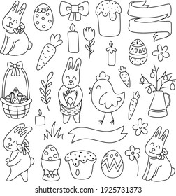 Easter doodle set, linear vector illustration. hand drawn style symbols and objects eggs, cake, candle, chicken, rabbit, spring. simple, black drawing for sticker, decor, postcard, icon, coloring page