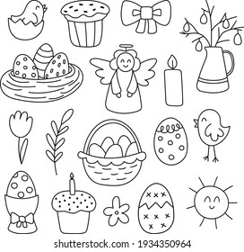 Easter doodle set, linear vector illustration. hand drawn style symbols and objects eggs, cake, candle chicken, angel, spring. simple, black drawing for sticker, decor, postcard, icon, coloring page