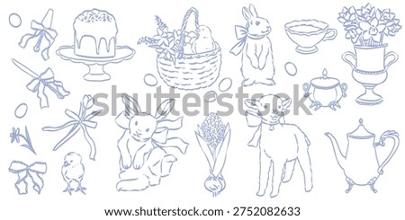 Easter doodle sticker, spring holiday decorative print. Hand drawn cute bunny egg decoration art. Whimsical design elements, badge, seasonal animal, congratulation invitation card. Easter stickers set