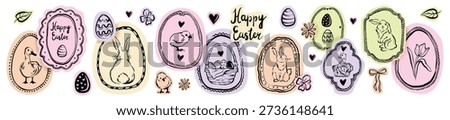 Easter doodle stickers, spring holiday decorative print, hand drawn cute bunny egg decoration art. Festival whimsical badge, cartoon seasonal animal, congratulation invitation graphic. Easter stickers