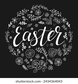 Easter doodle typographic illustration on dark background. Vector typography design for banner, poster, card. Word Easter with sketchy floral elements. Modern vector calligraphy isolated