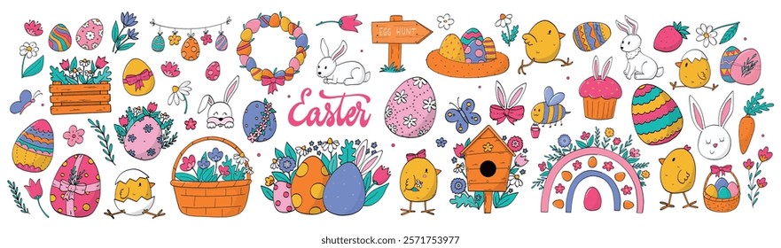 Easter doodles, big cartoon elements collection for stickers, apparel decor, prints, stationery, social media, cards, posters, banners, nursery decor, etc. EPS 10