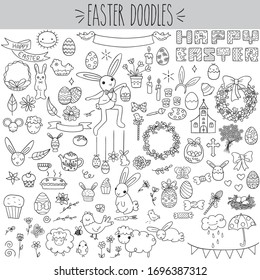 Easter doodles black outline, bunny with basket drawing, decorated eggs sketch, spring flower wreath, farm animals, sheep and chicken with chick, desert food and tea cup, arts and craft, church bells