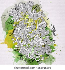 Easter doodles elements watercolor art background. Vector illustration