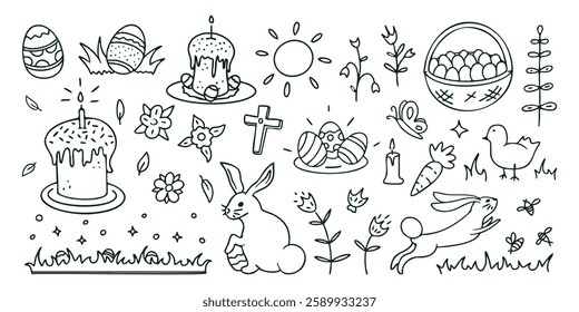 Easter doodles and scribbles, cute drawings of the holiday symbols, rabbits and cakes, decorated eggs, plants and flowers. Vector illustration, line art.