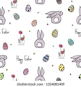 Easter doodles seamles pattern with easter bunny, eggs and flowers. Hand drawn colorful vector illustration. 