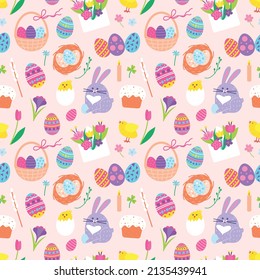 Easter doodles seamless pattern with bunny, painted egg and flowers. Cute chicks, eggs in basket, blossoms, spring holiday vector texture. Festive objects, adorable animals flat fabric
