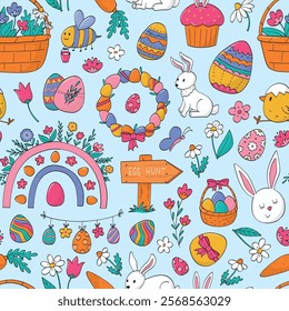 Easter doodles seamless pattern for nursery decor, textile prints, wallpaper, digital paper, scrapbooking, stationery, backgrounds, etc. EPS 10