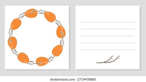 Tarjeta de pascua de doble cara con ramas de sauce, huevos naranjas y espacio vacío para texto. Elemento de Vector para el diseño de saludo, venta, invitación. Feliz Pascua.