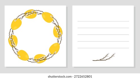Easter double sided card with willow branches, yellow eggs and empty space for text. Vector element for design of greeting, sale, invitation. Happy Easter.