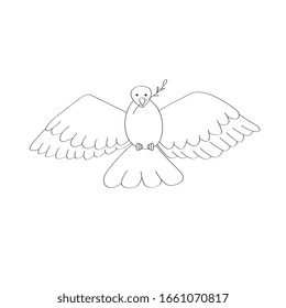 Easter dove holding an olive branch in its beak while opening its wings. Outline illustration. Holy week.