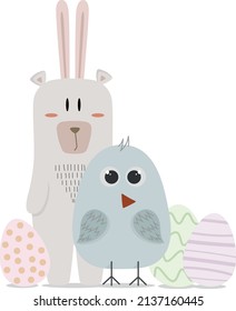 easter drawing of a bear with a chicken and eggs, flat easter illustration