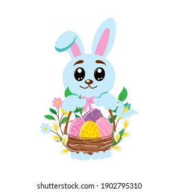 Easter drawing of a bunny with a bunny with Easter eggs and flowers on a white isolated background in a flat style, cartoon. Vector Easter drawing. Easter, holiday, sticker, decoration, printing