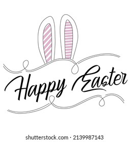 Easter drawing. Cute rabbit ears silhouette in simple style for spring design greeting card and web banner. Linear inscription. Editable stroke. Minimalist vector illustration 
