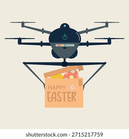 Easter Drone Delivery with Gift Box Holiday Logistics Perfect for Easter marketing, online shopping banners, greeting cards, social media. Vector Illustration.