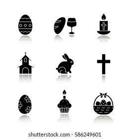 Easter drop shadow black icons set. Wine and bread, cross, church, Easter bunny, eggs in basket, cake with candle. Isolated vector illustrations