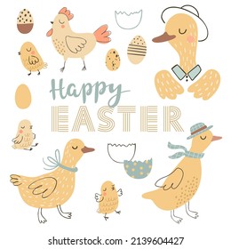 Easter Duck, Chicken And Chick With Eggs On White Background. Happy Easter Vector Illustration.