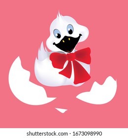 
Easter duckling. Duck. White bird on a pink background with a bow.