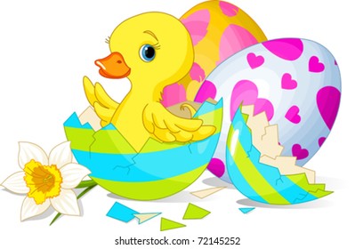 Pato de Páscoa sentado no ovo de Páscoa quebrado.